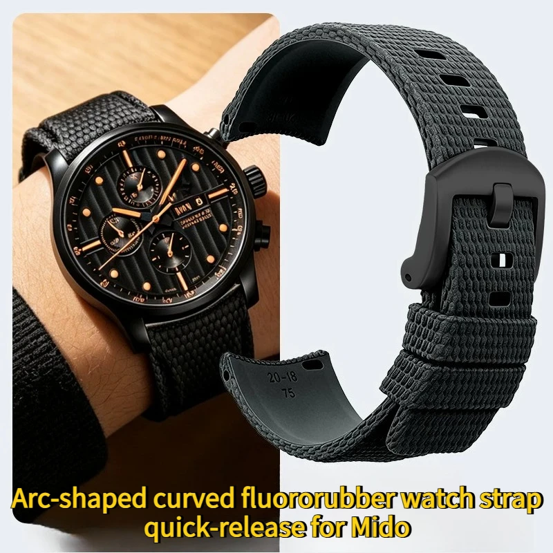 Correa de reloj de caucho fluorado curvada en forma de arco de liberación rápida para reloj original Mido MULTIFORT M005 COMMANDER BARONCELLI para hombre