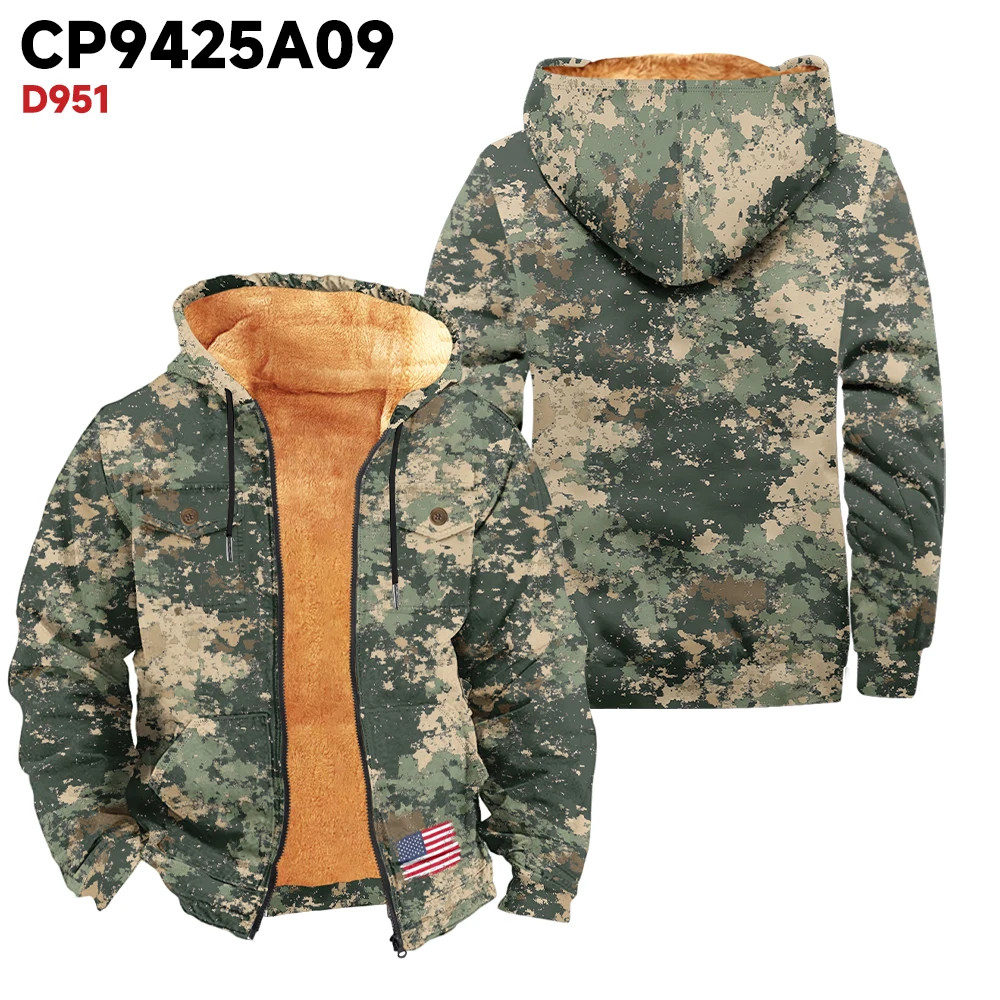 Men's outerwear, winter jacket, military green camouflage, unique national flag icon, fashionable trend, thick and warm