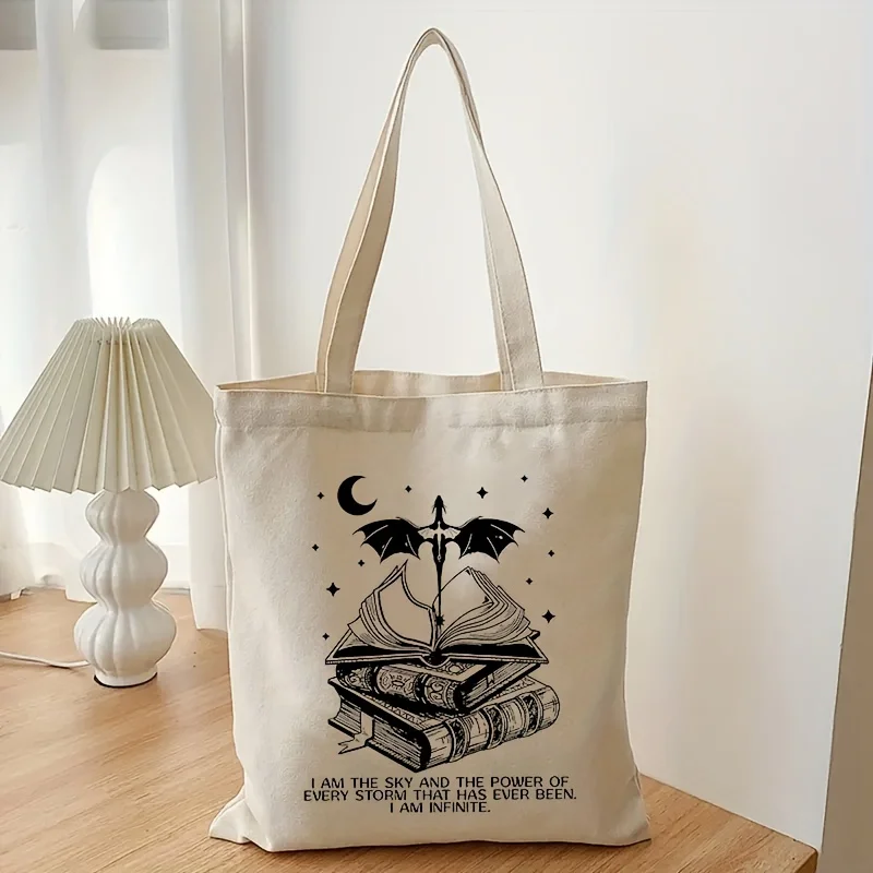 Vintage Basgiath War Tote Bag, I Am The Sky Shoulder Bag, Dragon Rider Pattern Canvas Shopping Bag