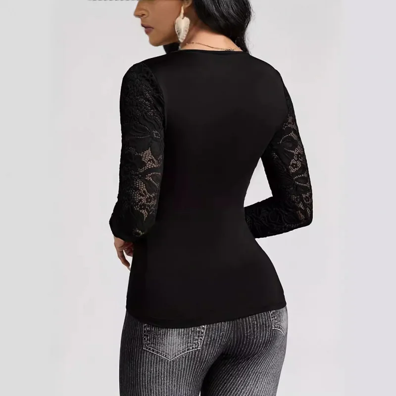 2025Autumn Solid Color Cross Stitch Lace SleevesTSlim Fit Shirt for Women with Patchwork Design