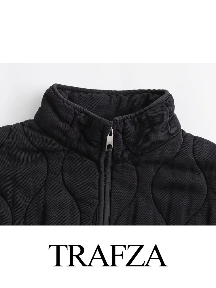 TRAFZA Winter New Women's Quilting Cotton Jacket High Collar Loose Cotton Drawstring Jacket Washed Old Pockets Decorated Coat