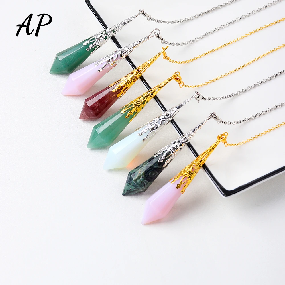 1PC Natural Crystal Aventurine Reiki Pendulums Healing Rose Gem Chakra Pendulum Charms Necklace Gold Filigree Pendant