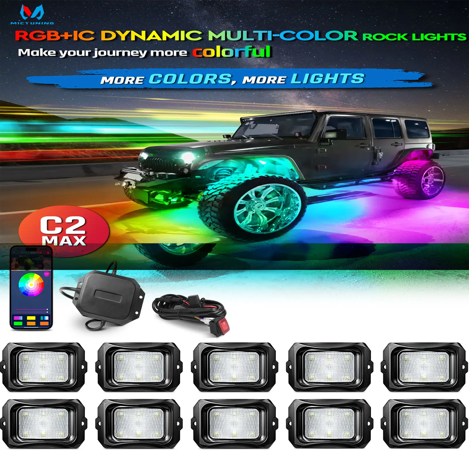 MICTUNING C2 RGBIC LED Rock Lights Kit 10 Pods Underglow Lighting Kit with Wireless Bluetooth APP Control IP68 Waterproof DIY