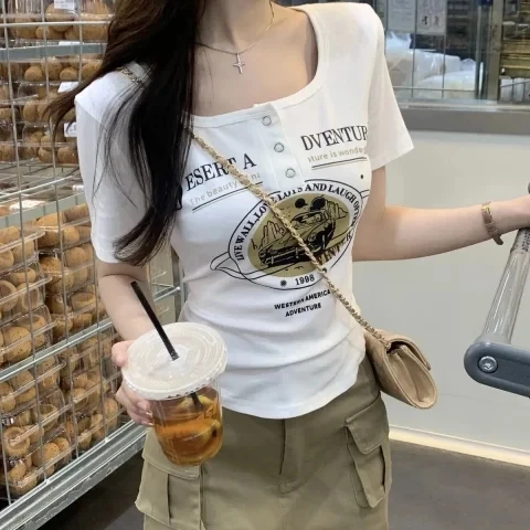 Guangzhou Thirteenth Fac Ort Sve T-Irt Women's Regular Oulder Irregular Arc Ape Summer New Arrival Cotton 00%