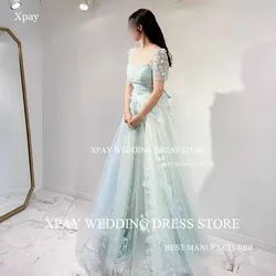 XPAY Light Blue Sweetheart Korea Evening Dresses Short Sleeve 3D Lace Appliques Formal Party Prom Gown For Wedding Photos Shoot