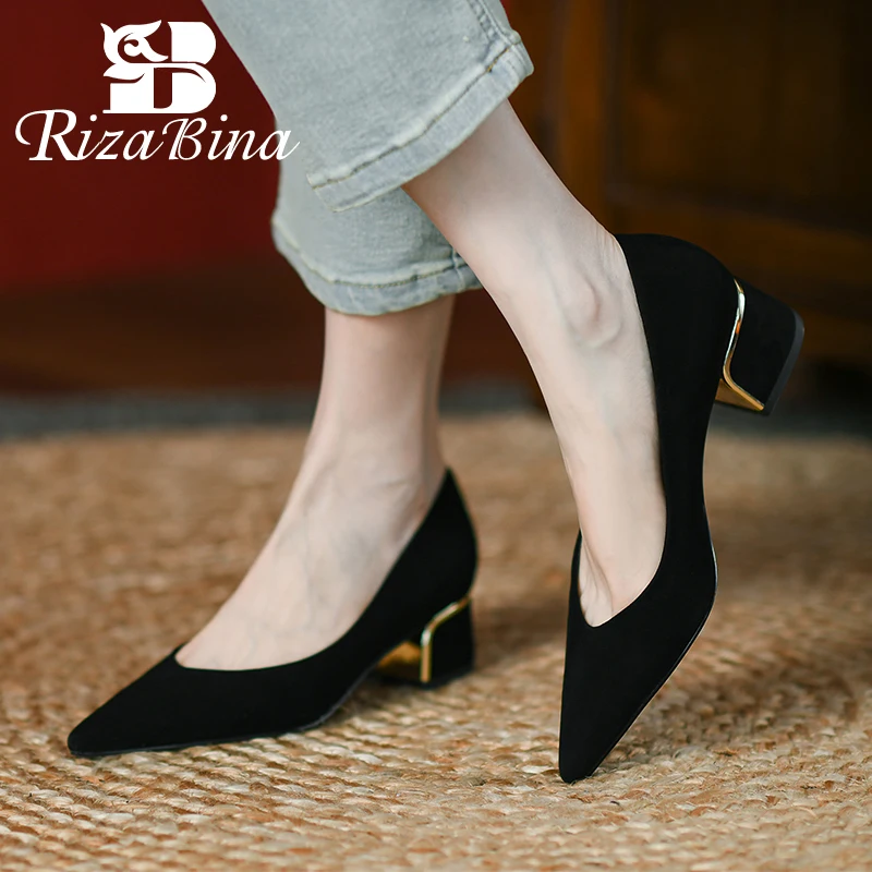 

RIZABINA Pointed Toe Pumps Genuine Leather Low Heels Suede Slip On Shallow Mouth Women Casual Shoes Office Lady Elegant Loafers