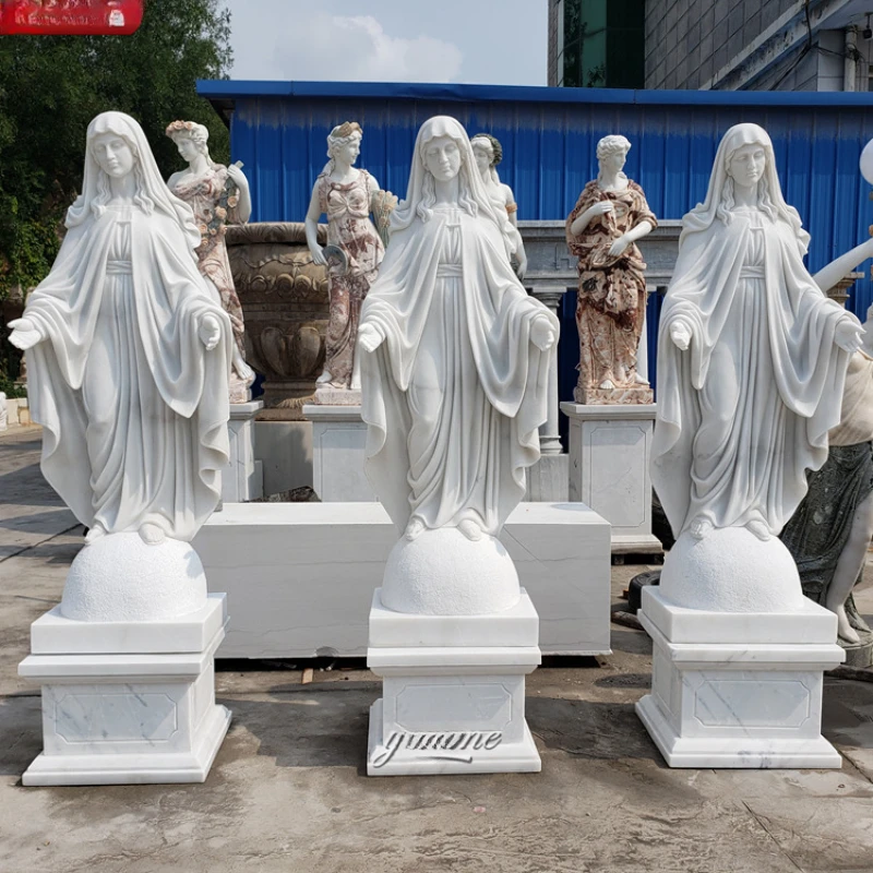 Hand drawn outdoor decoration white marble statue of the Virgin Mary