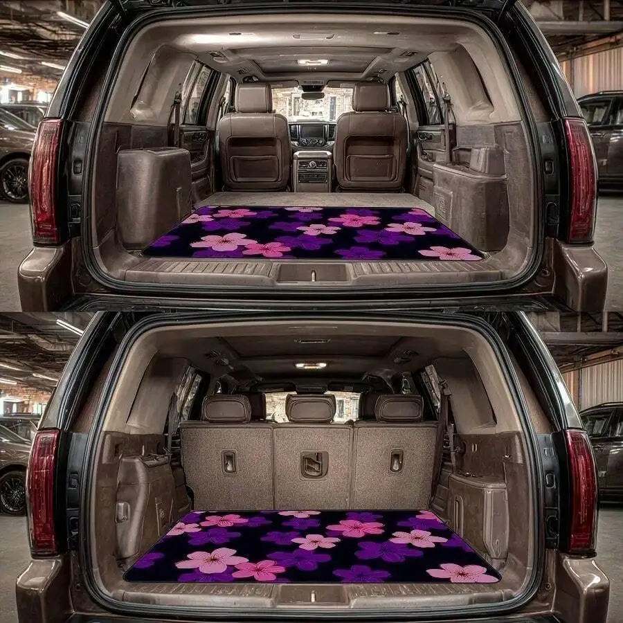 Car Trunk Mat With Pink And Purple Floral Print - Pet Friendly Durable Polyester Cargo Liner For SUV Sedan CUV view 2