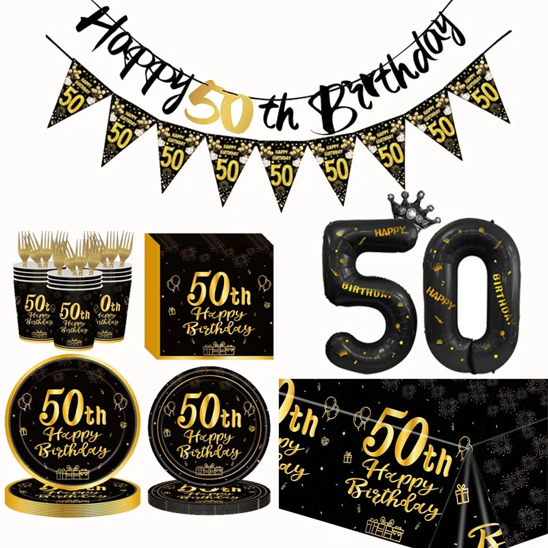 Black Gold Disposable Tableware For 50th Birthday Party Decor Supplies Plates Tablecloth Birthday Banner 40inch Number Balloon