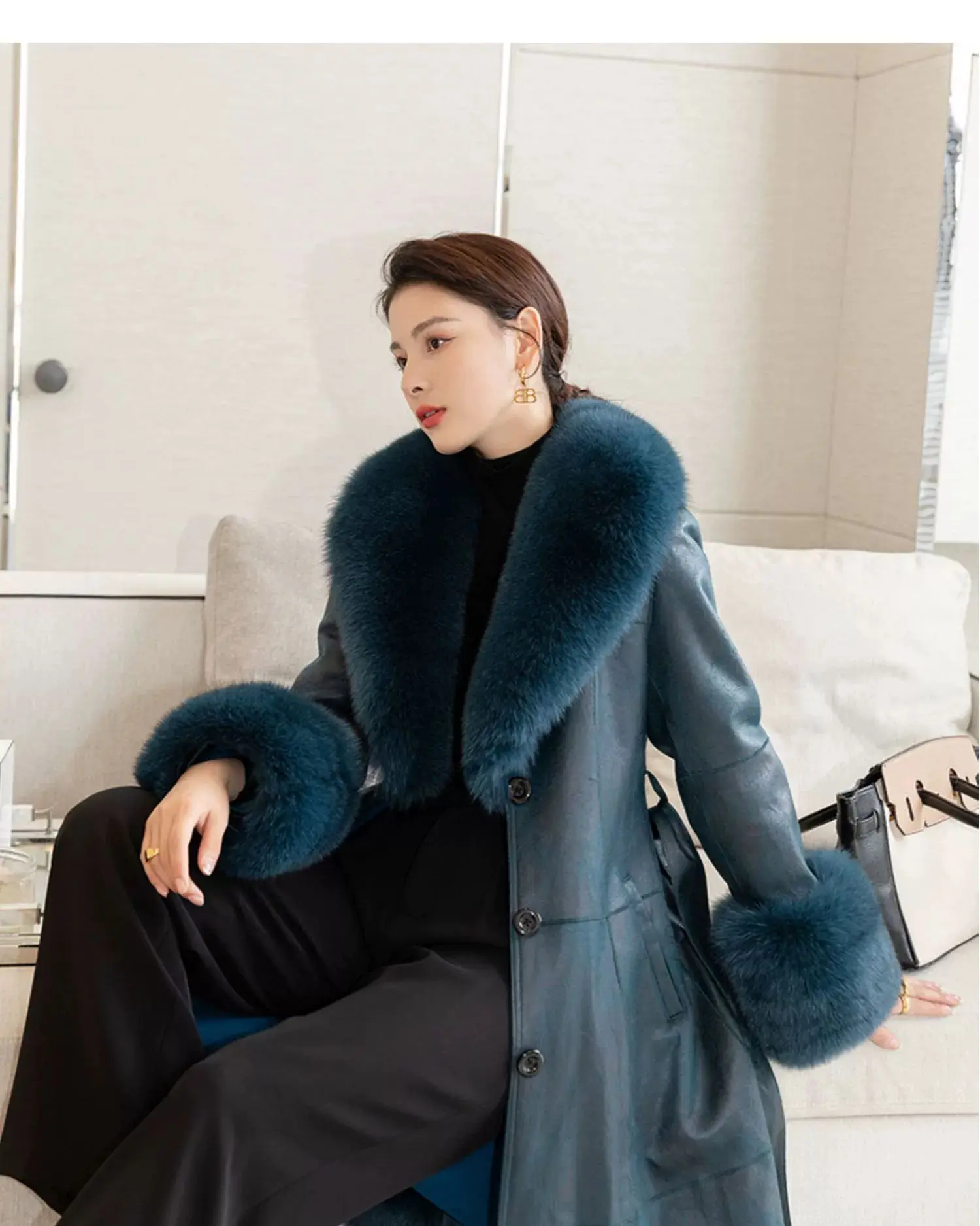 2023 New Rabbit Fur One Piece Coat for Women Mid length Fox Fur Collar Lace up Slim Fit Haining Fur Coat for Women