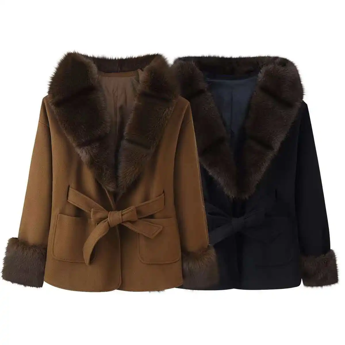 

Women's Warm Fashion Coat Autumn Winter Versatile Solid Color Wool-Blend Fur Collar and Hood Jacket Pockets Belt Lapel Outwear