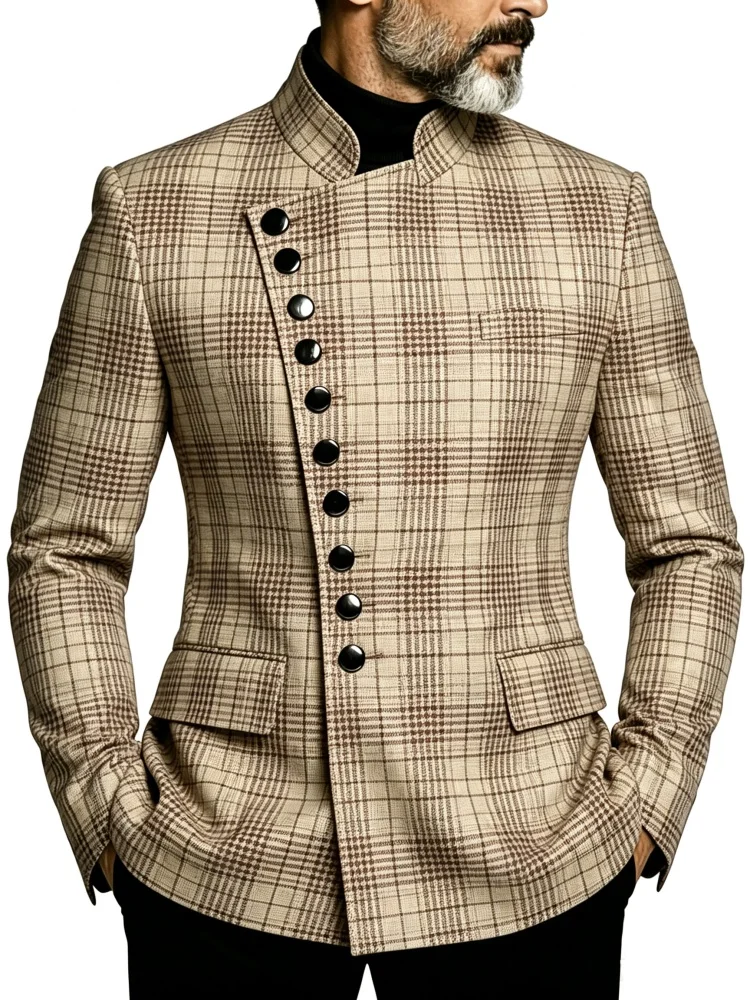 Mens Stand Collar Diagonal Buttons Mini Houndstooth Plaid Slim Fit Blazer Men British Retro Office Daily Business Outerwear