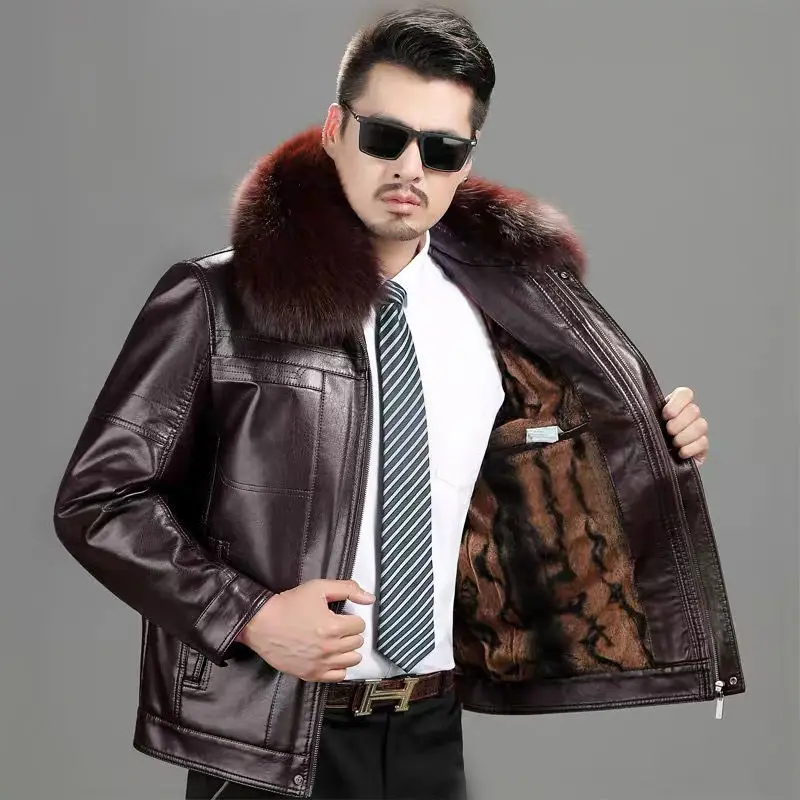 Natural Leather Jacket For Men With Fur Collar Add Velvet Thick Short Lapel Brown Genuine Leather Mens Jacket Sheepskin Coat Man