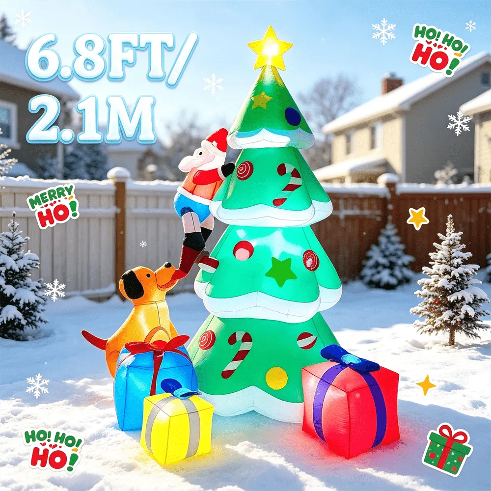 6.8 FT Christmas Inflatable DIY Decor Tree with Funny Dog Chasing Santa Claus Yard Decoration Outdoor Xmas Holiday Party Decor