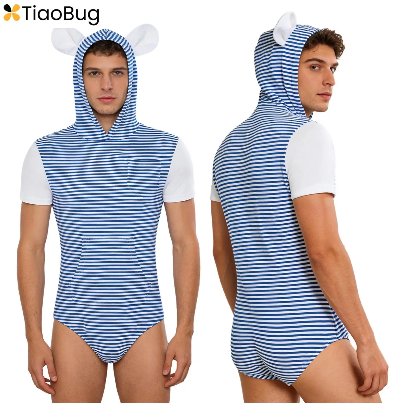 

Мужской полосатый комбинезон-пижама с капюшоном и ушками медведя, короткий рукав, на пуговицах, для взрослых