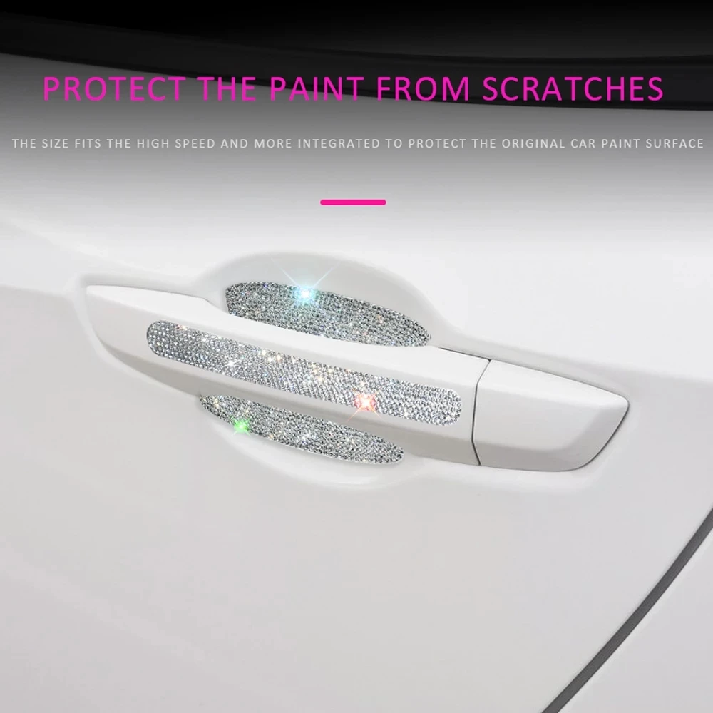 8Pcs Universal Car Door Handle Sticker Decal Warning Auto Strip Driving Safety Decor Bling Diamond Car Accessories for Women