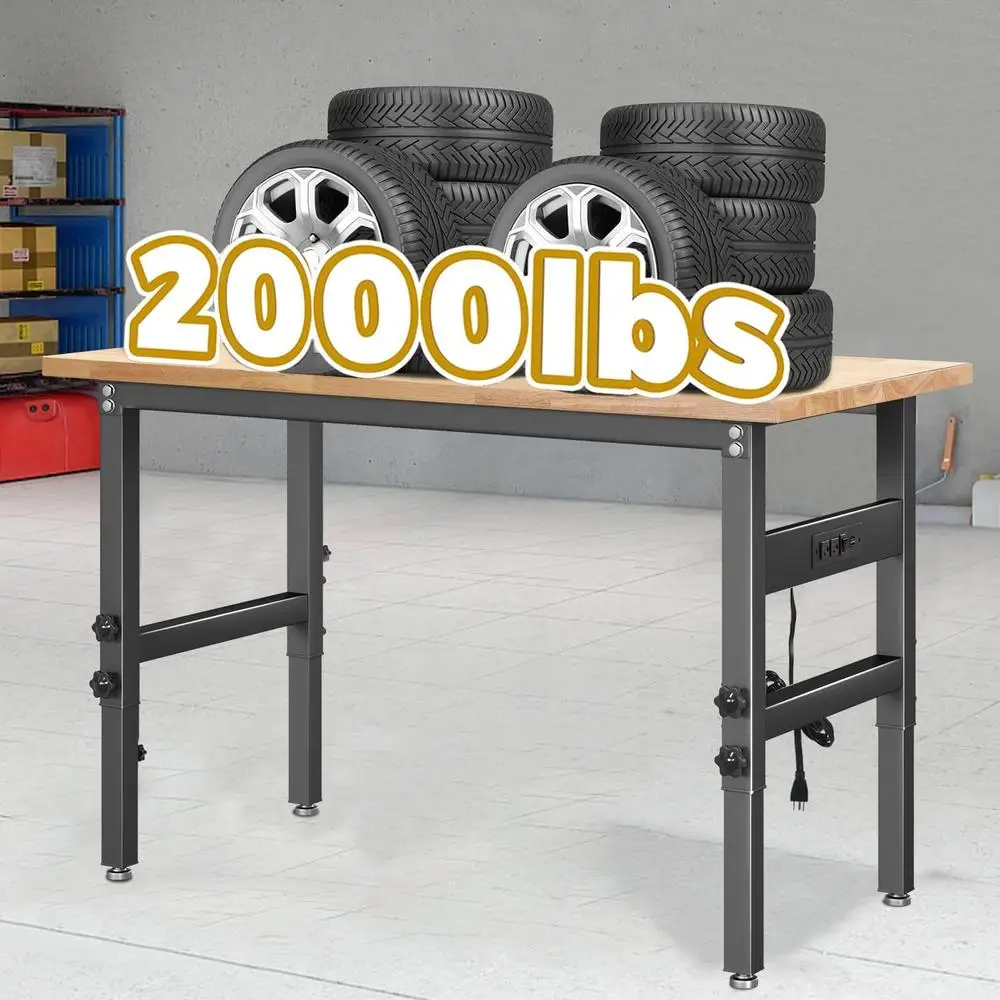 Banco de trabajo ajustable, tomas de corriente de escritorio, mesa resistente de madera maciza, carga de 2000 LBS