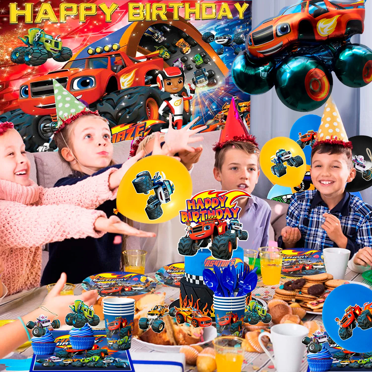 Monster Truck Party Supplies,140pcs Birthday Decorations&Tableware Set-Monster Truck Plates Cups Tablecloth Balloon Backdrop etc