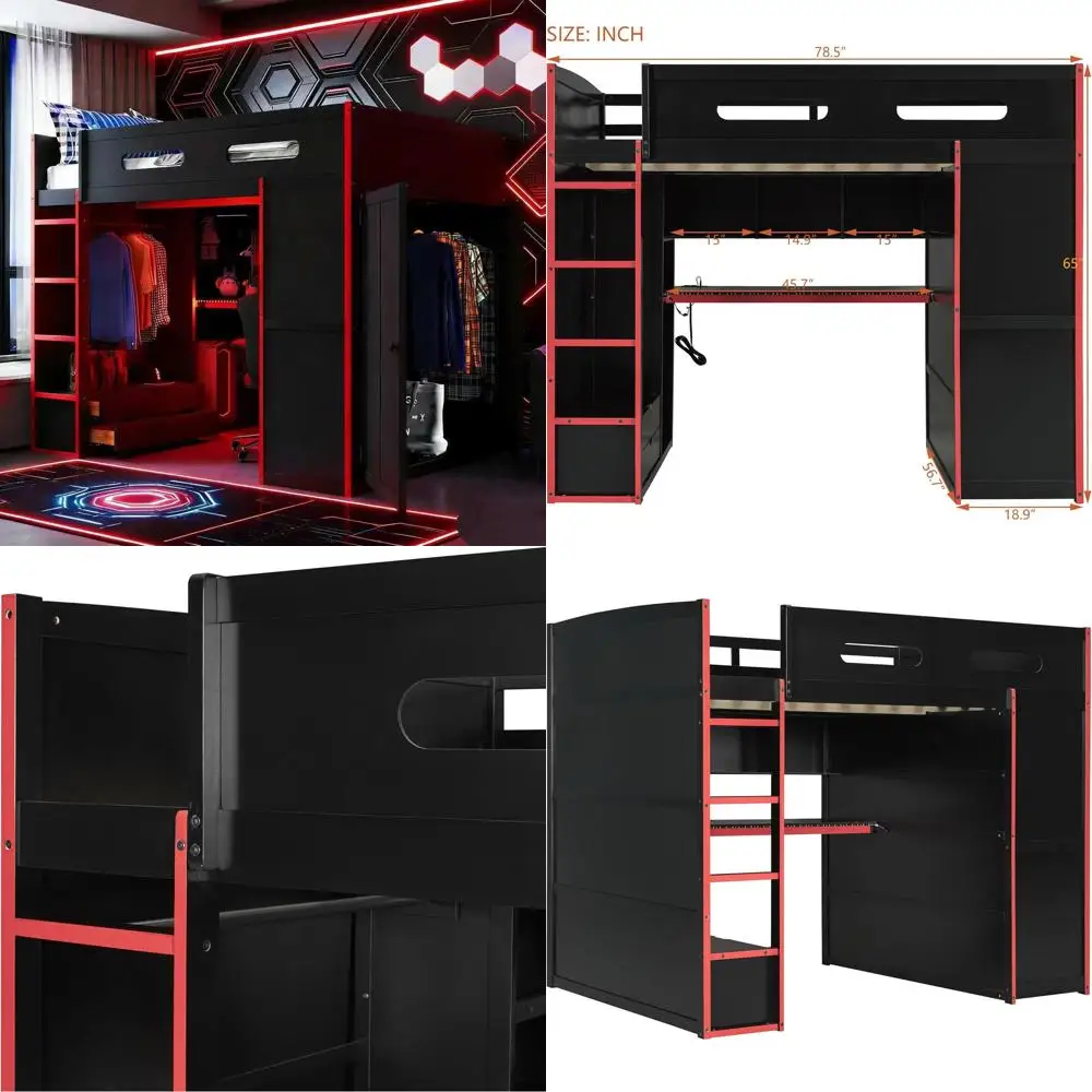 

Полноразмерная деревянная игровая кровать со столом, шкафом, USB-портом и RGB LED-подсветкой для детей, подростков и взрослых (красный шкаф)