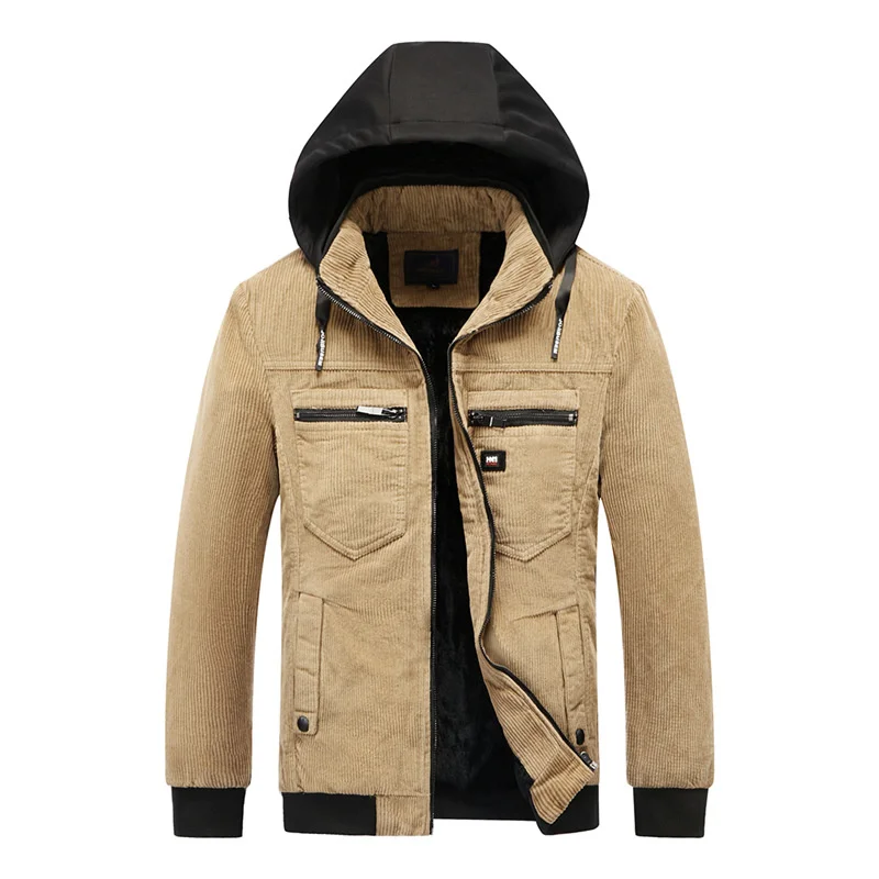 Winter Men's Corduroy Jackets Hooded Plush Warm Cargo Coat Outdoor Windproof Parka Outwear for Male