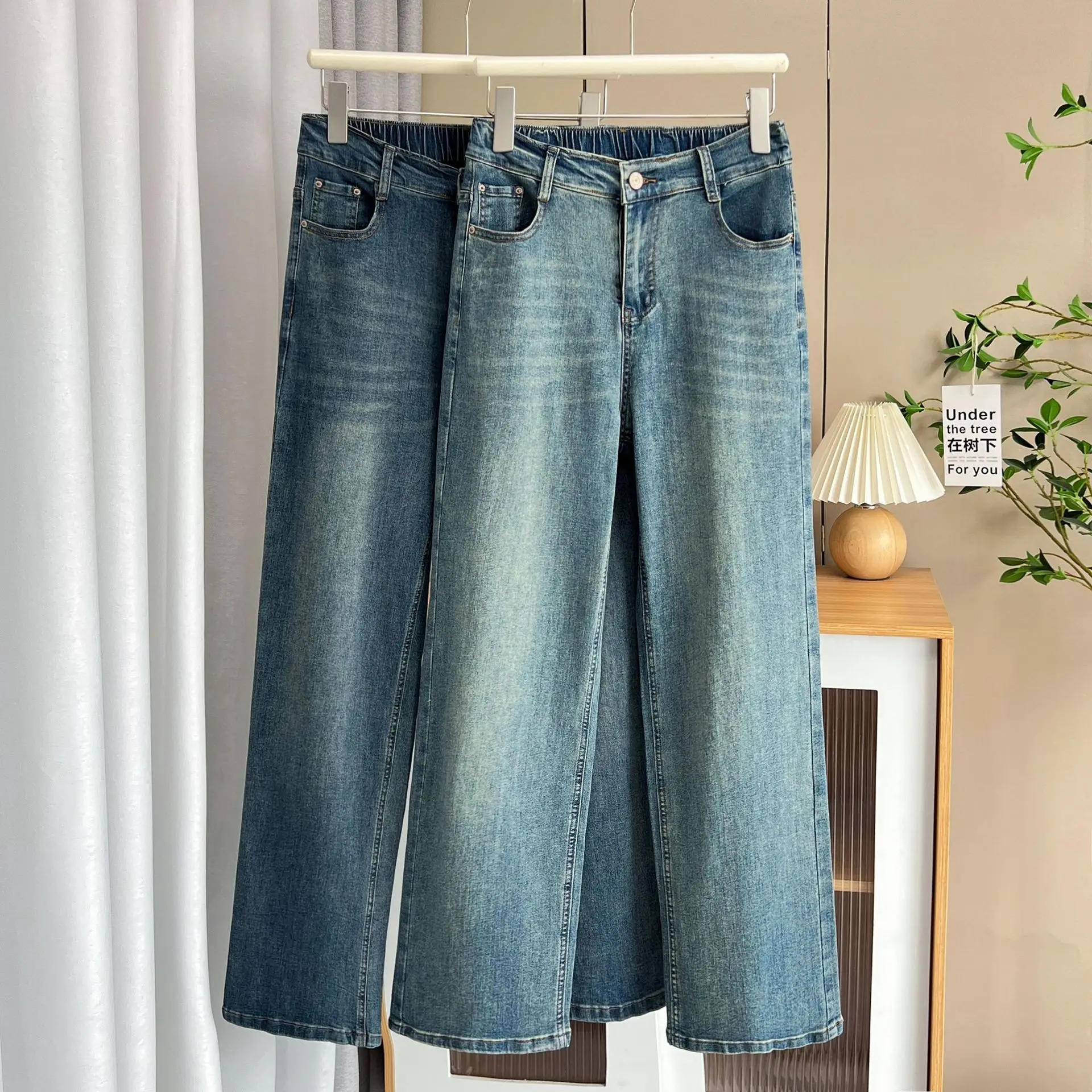 Size XL XXL Women Straight Jeans Autumn New High Waist Stretched Denim Slim Wide Leg Long Pants 8805