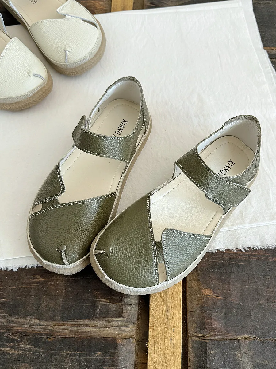 Careaymade-Genuine leather soft surfaces women's sandals summer flat bottomed hollow beach Roman shoes pig cage women's shoes