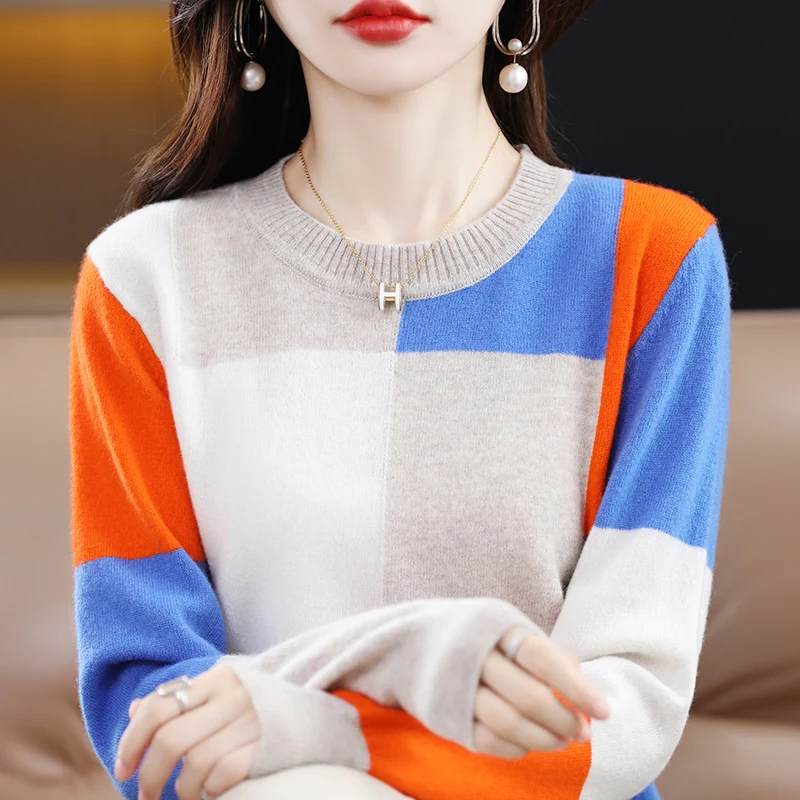 Autumn and Winter 100% Merino Wool Round Neck Pullover Women's Matching Color Long Sleeve Sweater Fashion Soft Women's Wear