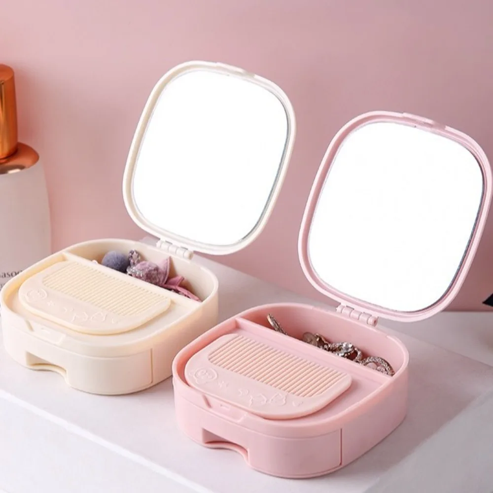 

Portable Solid Color Jewelry Rings Storage Box High Definition Mirror Cosmetic Organizer Makeup Mirror Convenient Hair Comb