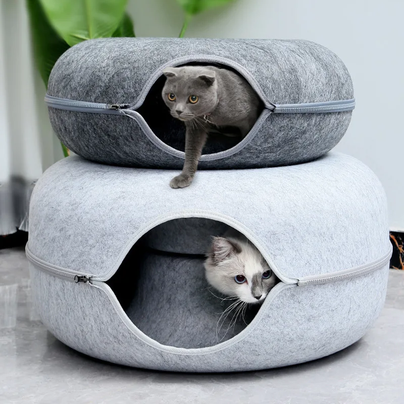 

Sweet Donut Felt Cat Nest Tunnel Cat House Cat Bed Spaceship Upper and Lower Levels Pet Cat Nest