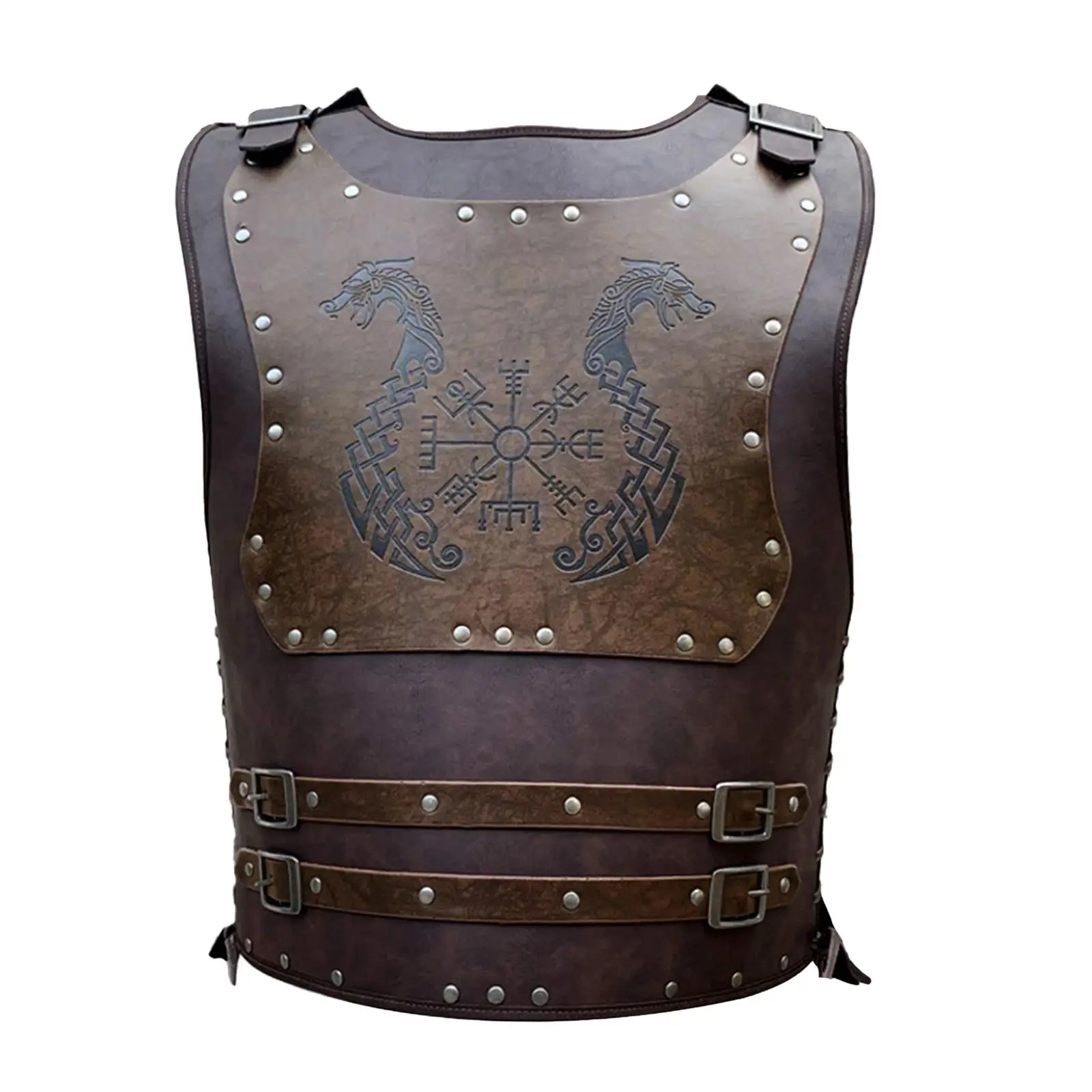 Adjustable Viking Warrior Armor Embossed Viking Costume PU Leather Knight Vest Chest Armor for Cosplay Larp Party Halloween