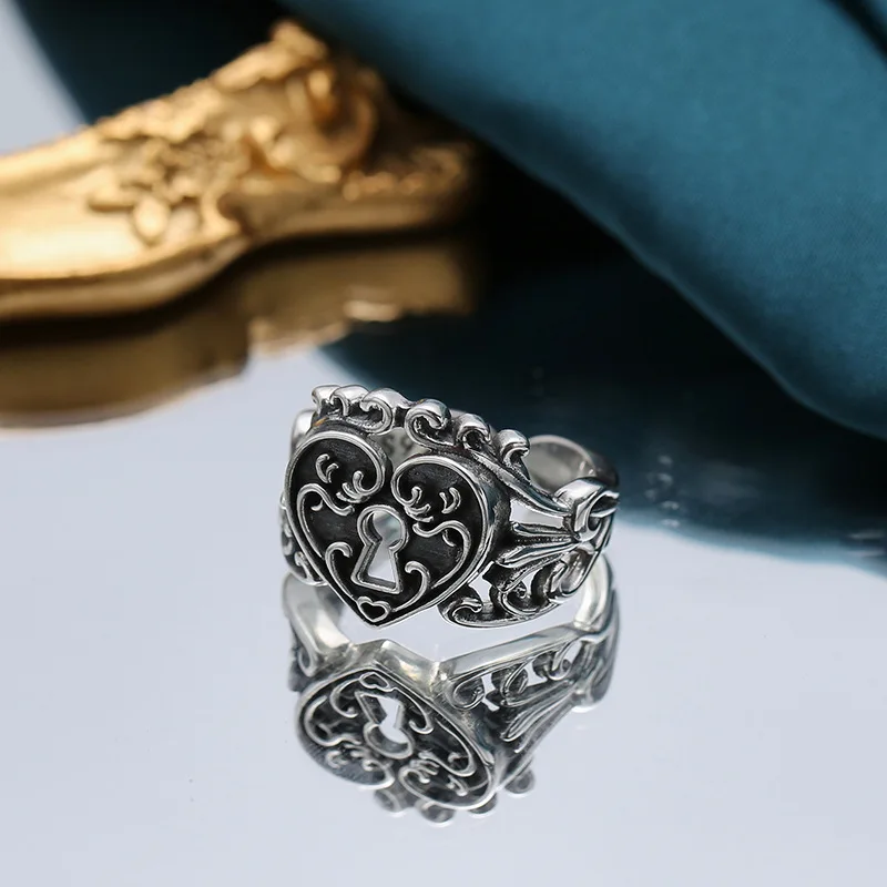 S925 loving heart in sterling silver ring vintage vintage ethnic style open adjustable ring heart-shaped couple ring