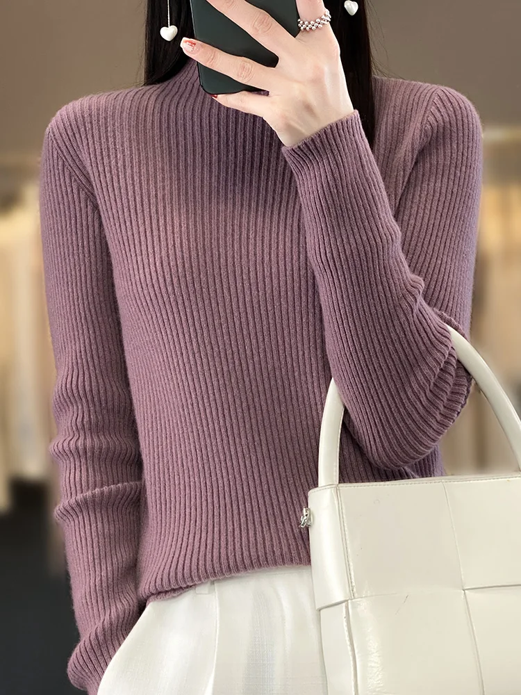 2026 Autumn/Winter Women's New Merino Wool Half-Turtleneck Knitted Pullover Solid Color Sweater Slim Fit Basic Base Layer