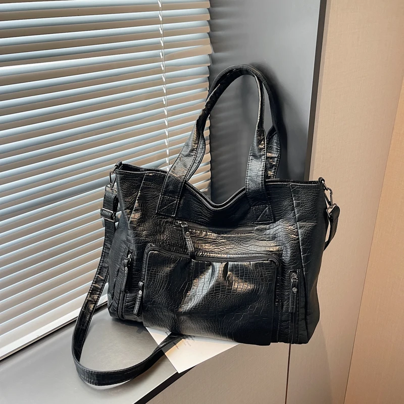 Vintage Washed Leather Shoulder Tote Bag for Women Large Capacity Multi Pockets Casual Daily Travel Ladies Crossbody Handbag
