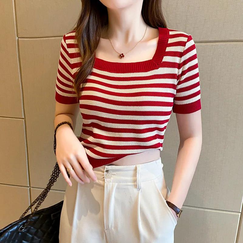 1 pièces été femmes rayure tricot T-Shirt dame à manches courtes col carré coupe ajustée T-Shirt femme pull t-shirts filles mode Chic hauts