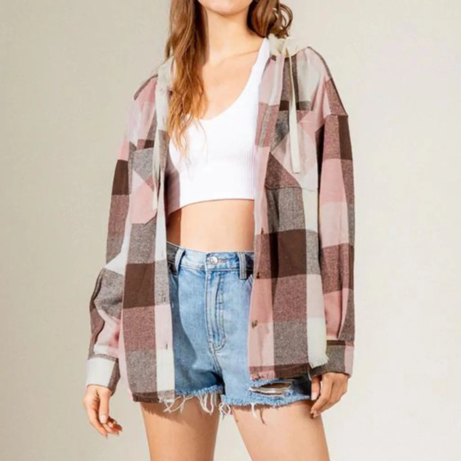 Casual Hooded Plaid Shirts Women's Fleece Coats Button Long Sleeves Sweatshirt 2022 New Spring Autumn Hoodies Women Sudaderas