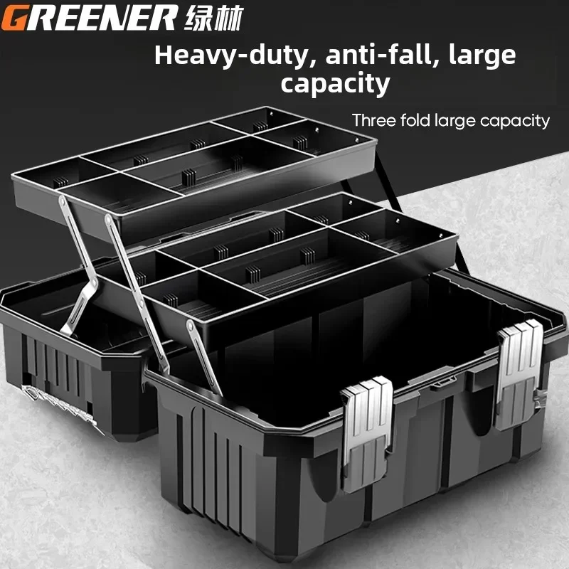 Professional Heavy Duty Green Toolbox with Foldable Three Layers and Multi-Purpose Carrying Handle