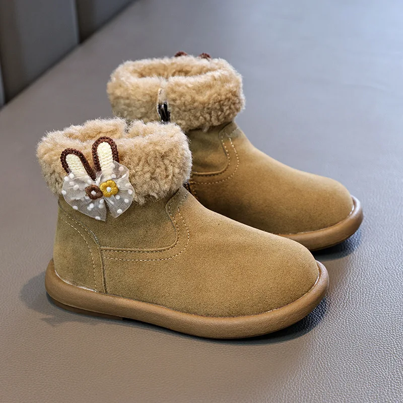 

Зимние сапоги для девочек, новинка 2025 года, милые и стильные теплые хлопковые сапоги из тюля с кружевом и бантом, украшенные бантом для малышей, зимние кожаные сапоги