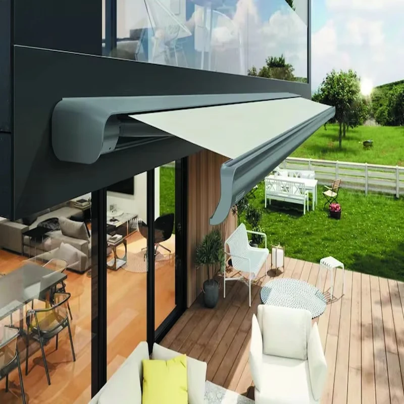 Toldo retrátil elétrico de cassete completa, à prova d'água, braço dobrável, dossel para varanda, pátio e exterior, abrigo motorizado de sol e chuva