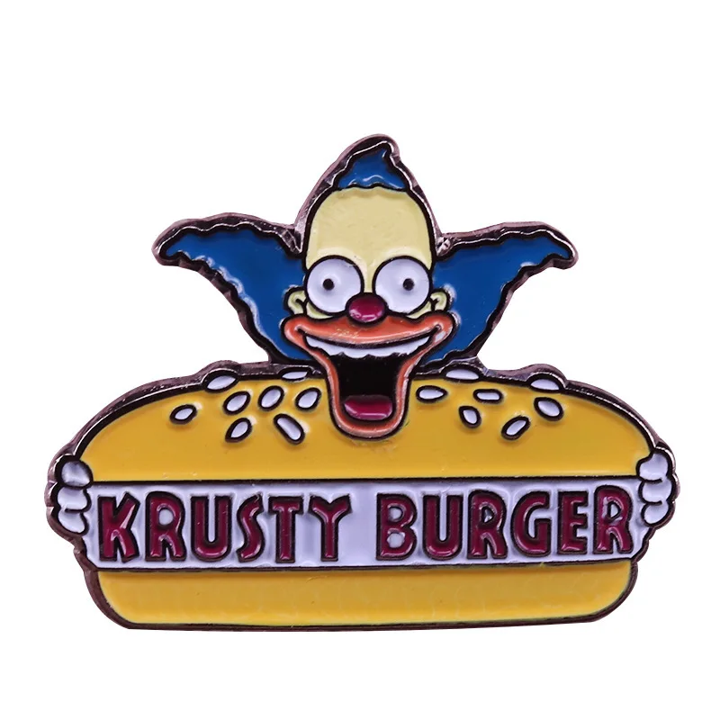 Krusty Burger Hard Enamel Pin Clowns Eat Hamburgers Metal Cartoon Brooch Women Backpack collar Hat Decoration Lapel Badges