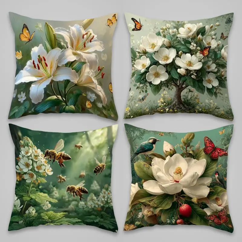 Aesthetic Floral Botanical Pillow Covers Set 4pcs Garden Nature Prints Home Decor Square Cushion Case 45x45cm