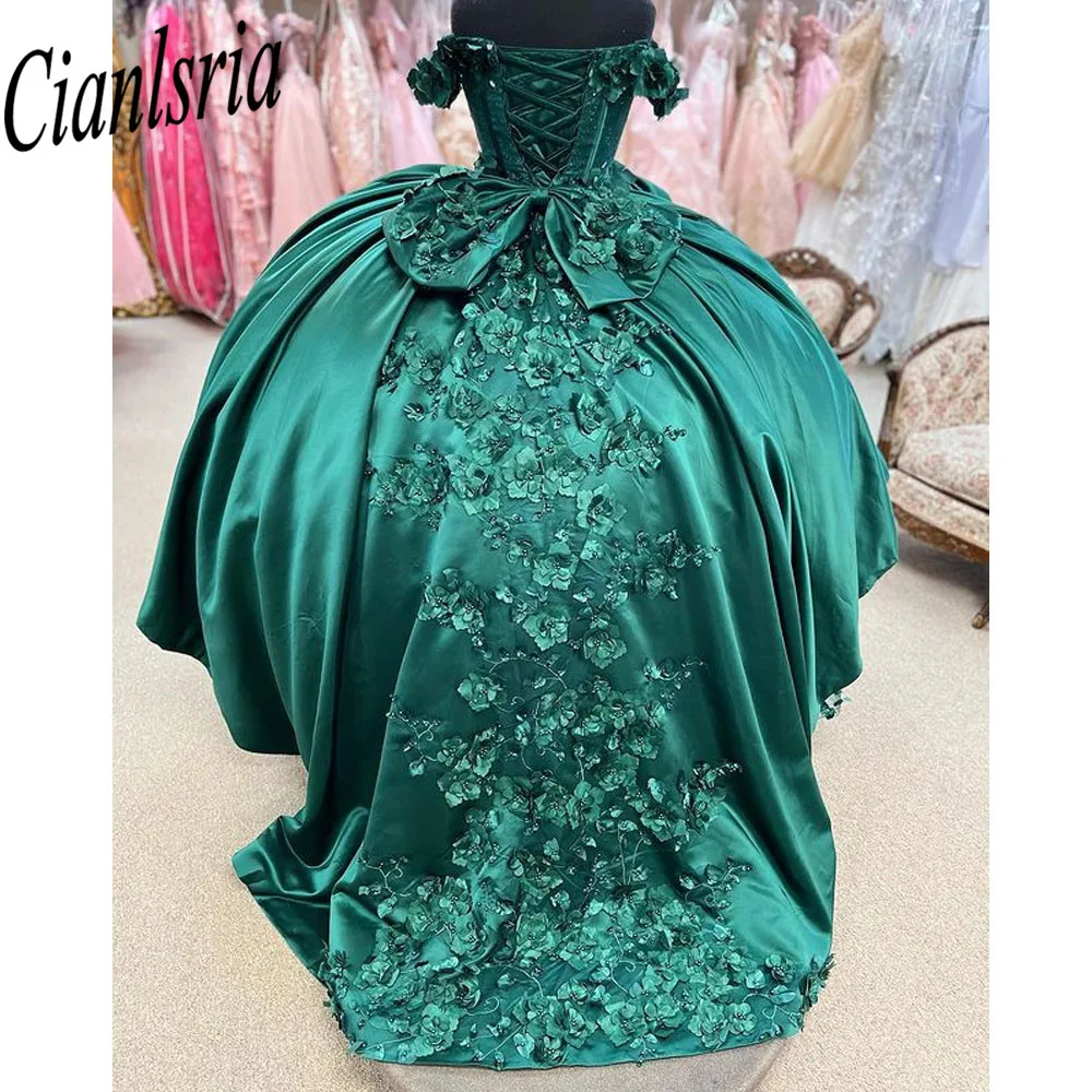 Vestido de quinceañera verde con hombros descubiertos, apliques de lentejuelas, tren de barrido, dulce vestido de fiesta de 15 años