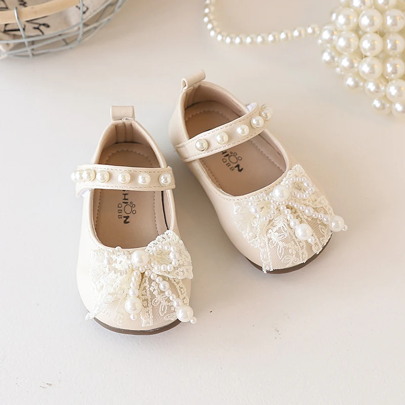 

Baby Princess Leather Shoes with Lace Bows Beading Kids Flat Shoes Round Toes 2025 Autumn New Girls Casual Walking Shoes Soft