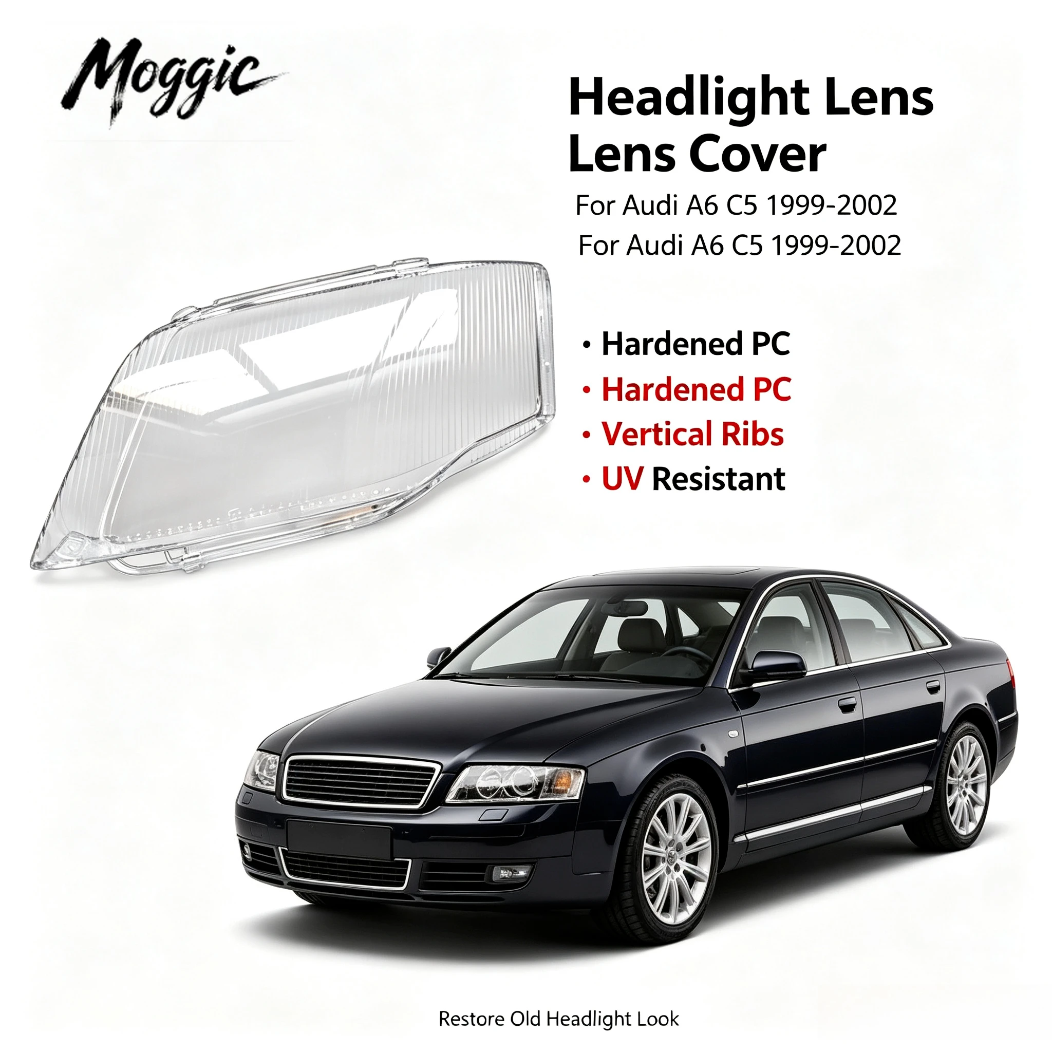 Moggic Replacement Headlight Lens Cover Compatible With 1999 2000 2001 2002 A6 C5 Sedan Avant Wagon Left Right Side Clear PC