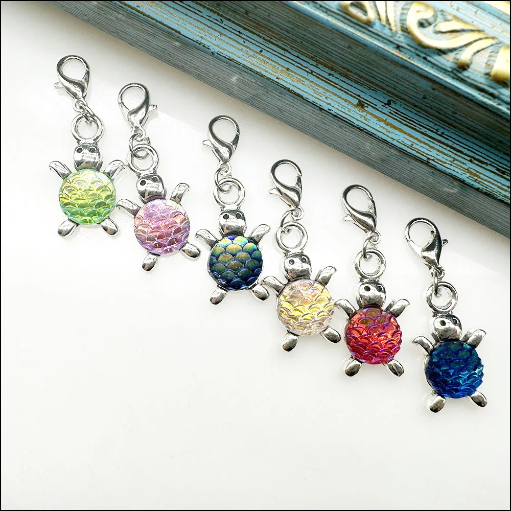 12 New Tortoise Mixed Charms Resin Animal Pendants With Lobster Claw Clasps Tibetan Silver Plated 14x23mm
