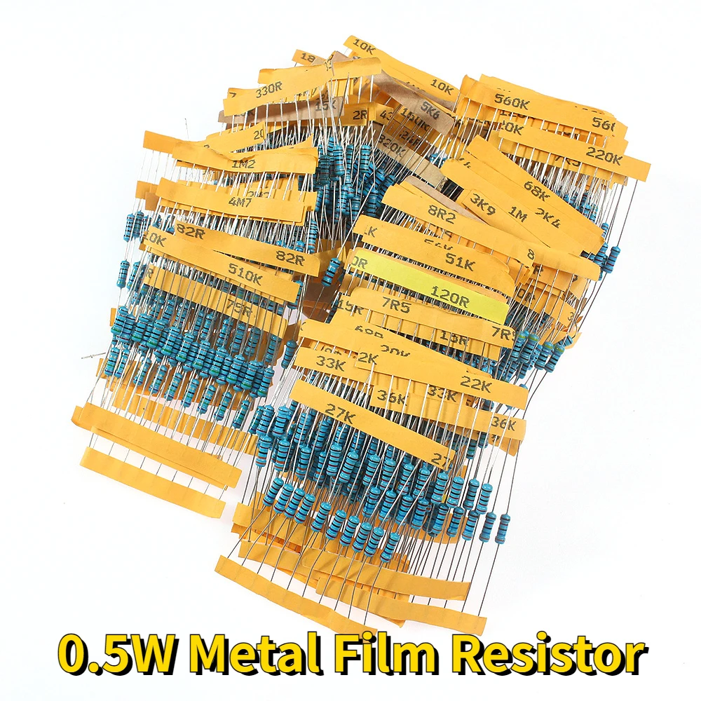 

1100PCS 1/2W Resistors 0.5W Metal Film Resistor Kit 0.1 Ohm~10M Ohm Resistance 1% Color Ring Resistance