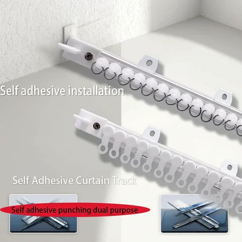 Self Adhesive Punching Dual Purpose Curtain Track Nano Silent Curtain Slide Rod Balcony Bay Window Door Curtain Installation Adh
