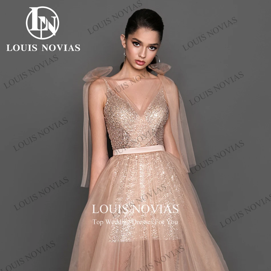 LOUIS NOVIAS Sleeveless Evening Dresses Women Illusion Glitter Spaghetti Strap Ribbons Party Dresses Vestidos De Noche