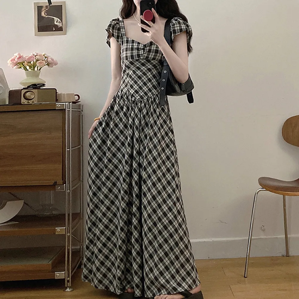plus Size Hot Girl Bal Plaid Long Dr Summer High Waist Design Ankle Length Vintage Gathered Waistline ort Sve