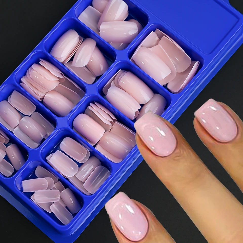 100 Piezas Uñas Postizas Rosa Claro Cortas Medianas Cuadradas Cobertura Completa 10 Tallas Decoración de Dedos 3