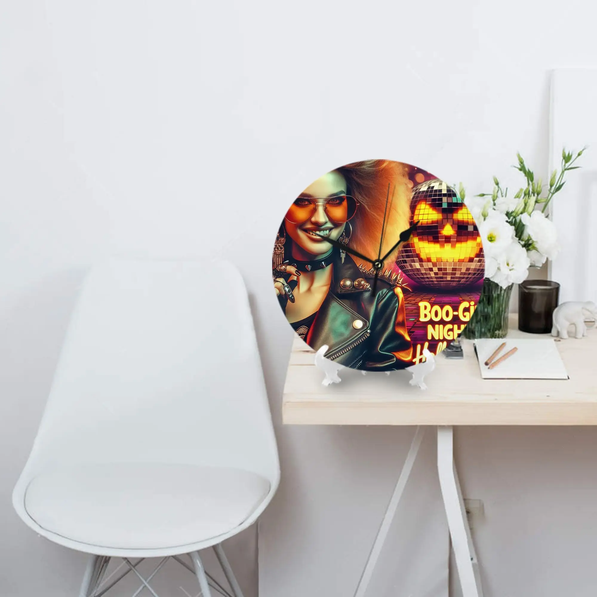Glam Rocker Lady Pumpkin Halloween Wall Clock Room Decoration Silent Round Clock for Bedroom Living Kitchen Home